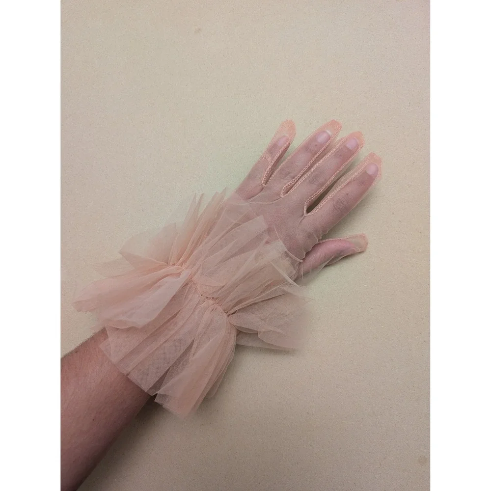 Pink Sheer Tulle Ruffle Cuff Formal Gloves Coquette Balletcore Bridal Wedding